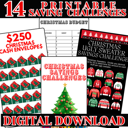 14 Christmas Savings Challenges Printable Bundle for Cash Envelopes