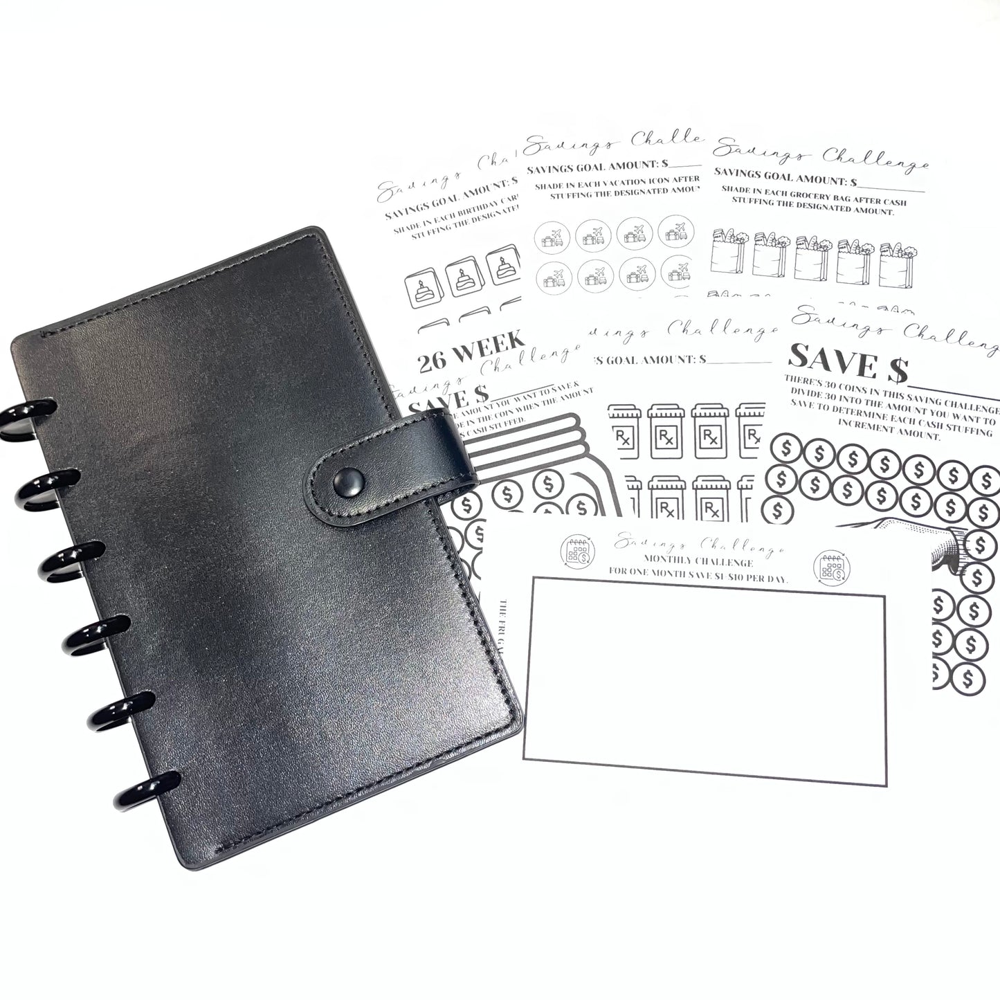 30 Cash Envelopes System | 6 Savings Challenges | Smooth Black Leather Discbound